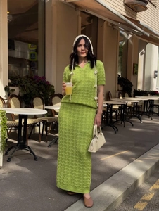 Women's 2025 casual two-piece green hollow knit polo top and maxi skirt set