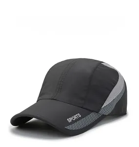 Detail of breathable grey honeycomb mesh and SPORTS print on black athletic cap