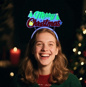 Glow-in-the-dark blue Merry Christmas headband with LED lights and festive tree details