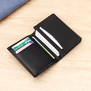 Genuine Cowhide Leather Card Holder Wallet Bifold Business Credit Name Case Litchi Texture Compact Portable Organizer