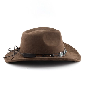 Detail of dark brown wide-brim cowboy hat with leather band and turquoise studs