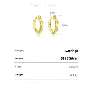 Detail showing S925 sterling silver gold earrings with zircon inlay, size 1.05cm x 0.8cm