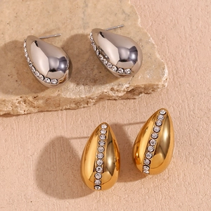Waterdrop stud earrings in gold and silver finish with micro-inlaid rhinestones