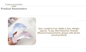 Detail view of acetate dolphin hair claw clips with dimensions 8.7cm by 4.2cm
