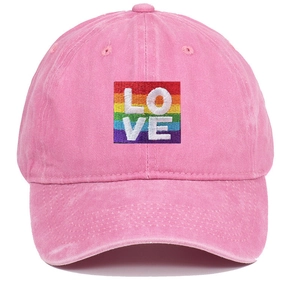 Washed pink cotton baseball cap featuring rainbow LOVE letter embroidery sun hat