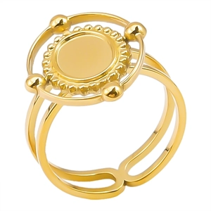 Detailed macro view of a gold-plated 304 stainless steel geometric open ring with bead edge