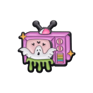 Kreative lila Retro TV Emaille Pin mit weißem Geist und rosa Bildschirm für Taschen