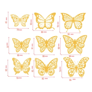 Gold hollow butterfly cake toppers set with 9 designs showing detailed dimensions