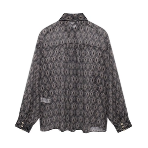 Damen Langarm Chiffonbluse mit Retro-Geometriemuster, flache Rückansicht des Oberteils