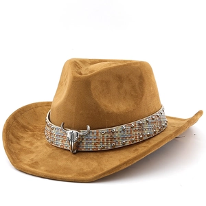 Brauner Western-Cowboyhut aus Wildlederimitat mit geflochtenem Band und Metallstierkopf