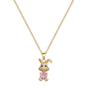 Titanium steel rabbit jewelry set with pink crystal and white zircon pavé necklace