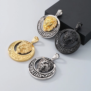 Retro stainless steel lion head pendant necklace in gold, silver and black finishes
