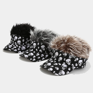 Visière Avec Perruque Synthétique À Pointes Imprimé Crâne Coton Punk Streetwear Casquette De Fête Réglable Nouveauté