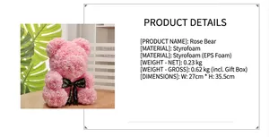 Pink rose flower bear measurements and weight detail with black bow and gift box dimensions