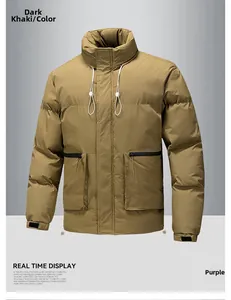 Detail of dark khaki jacket featuring stand collar with drawstring and adjustable velcro cuffs