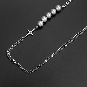 Hip hop silver cross necklace with crystal pendant, grey pearls and cuban chain layers