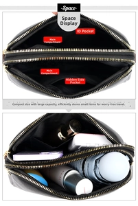 Detail view of double zipper black leather shell bag with multi-compartment interior
