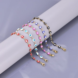 Set of 5 Evil Eye bracelets in assorted colors with adjustable gold stainless steel chains