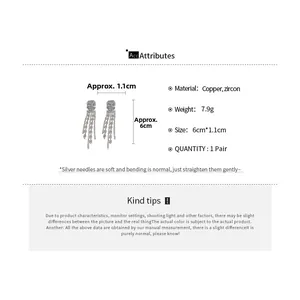 Detail specifications of silver tassels earrings with cubic zirconia, size 6cm by 1.1cm