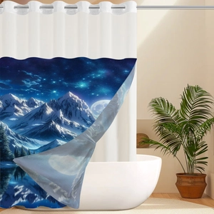 Close-up of starry sky and snowy mountain print on waterproof polyester shower curtain