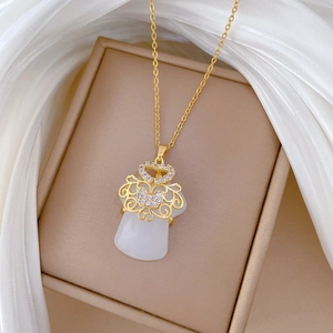 Luxurious gold stainless steel ruyi lock necklace with white jade and clear crystals