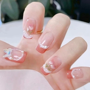 Faux Ongles Press On Style Français Avec Papillon Künstliche Perle Tulipe Fleur Paillettes Doux Pour Femmes