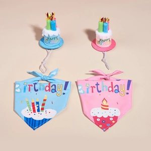 Dog birthday set with cake hat and printed bandana in blue and pink color options