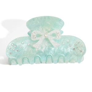 Mint green acetate hair claw clip with white glitter bow and sparkling crystal rhinestones