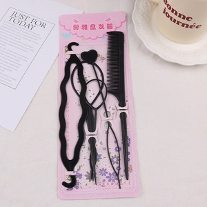 Five-piece hair styling tool set with comb and loop tools on floral card packaging