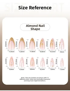 Size chart for almond press-on nails featuring golden French tips and 3D pearls