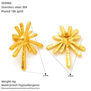 Detailed specs of irregular pleated sunburst earrings in 18k gold-plated stainless steel