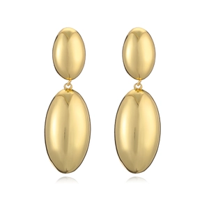Minimalist gold plated geometric oval drop earrings with polished finish on white background