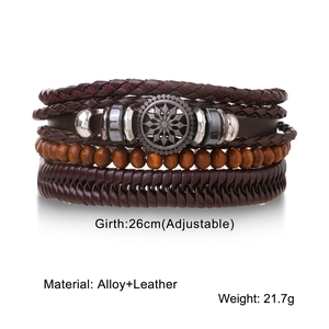 Retro multilayer woven leather bracelet for men with alloy sun charm and wooden beads