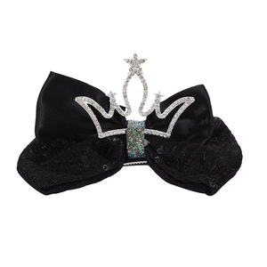 Black satin and lace bow hair clip featuring a sparkling silver rhinestone crown accent