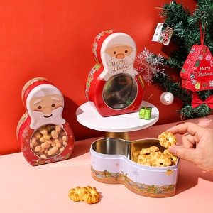 Christmas Candy Box Tinplate Metal Santa Snowman Shape With Transparent Window Cookie Tin Holiday Gift Packaging Box Decor