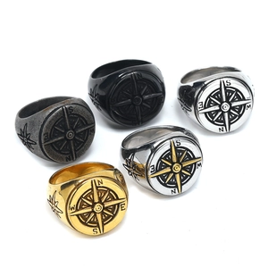 Detail showing five colors of retro compass rings in stainless steel for men