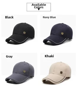 Detailed view of four casual baseball caps in black, navy blue, grey and khaki colors