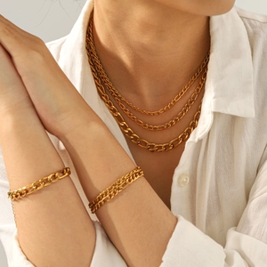 Elegant 18K gold plated stainless steel Figaro and Curb chain necklace and bracelet set