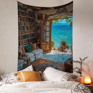 Detail of Mediterranean library wall tapestry with seascape and bookshelf design