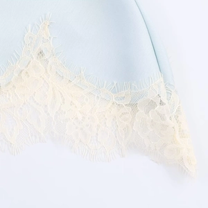 Detail of light blue fabric with intricate cream eyelash lace trim and fine textures