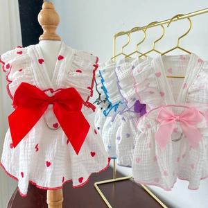 Pet Dog Dress Cotton Gauze Heart Print Bowknot Leash D-Ring Ruffle Sleeves Puppy Cat Clothes Summer
