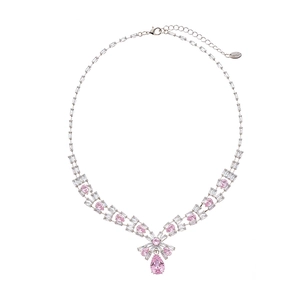 Elegant silver necklace with V-shape bow design featuring pink water drop zircon pendant