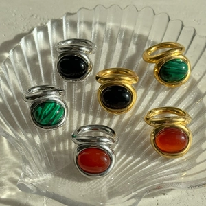 Vintage 18k gold plated titanium steel rings with natural malachite and agate stones