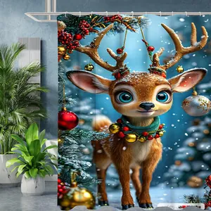 Detaillierte Ansicht des 3D Weihnachts-Duschvorhangs mit Rentier und Metall-Ösen