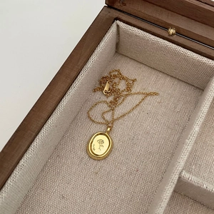 French style gold 925 silver necklace with floral oval pendant in wooden jewelry box