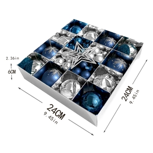 Blue and silver Christmas ball set with star tree topper in a 24cm square gift box