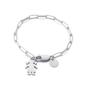 Bracelet chaîne trombone argentée avec silhouette de fille et breloque disque rond