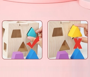Detail view of wooden sorting box showing shape matching logic for educational play