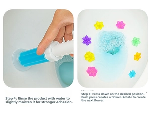 Close-up showing flower-shaped toilet cleaning gel being applied to a clean toilet bowl