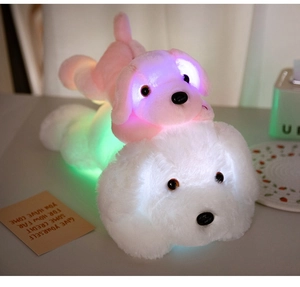 Luminous plush puppy toys in white and pink glowing with soft colorful LED lights